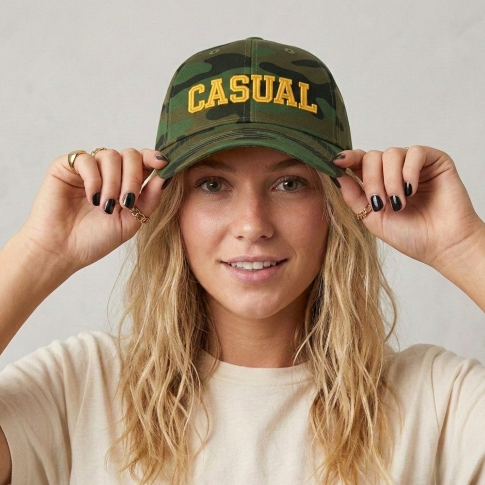CASUAL Varsity Camo Hat— Gold Embroidered Structured Velcro Baseball Cap College